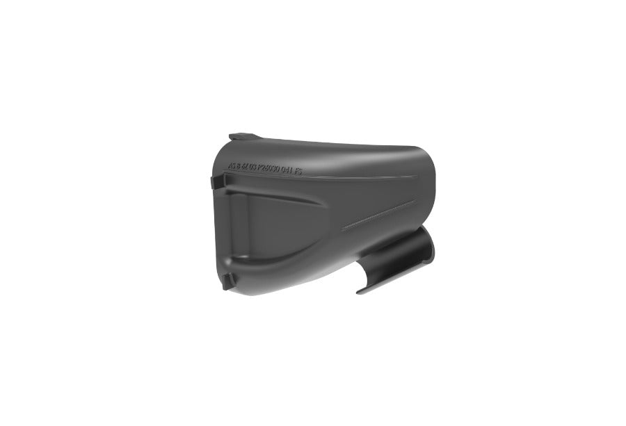 Rückansicht des CAD-Modells eines RevDop Airscoops für BMW F3x mit konstruktiven Verstärkungen, Befestigungselementen und geformter Geometrie.
