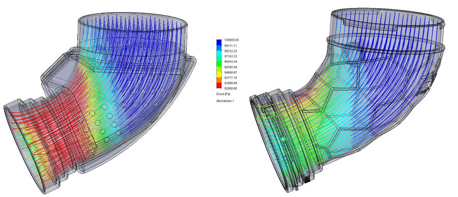 CFD-Vergleich der Luftströmung im OEM- und RevDop Turboinlet für BMW B5
